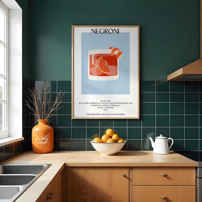 This striking minimalist poster presents a bold illustration of a Negroni cocktail. The drink is sh… for kitchen