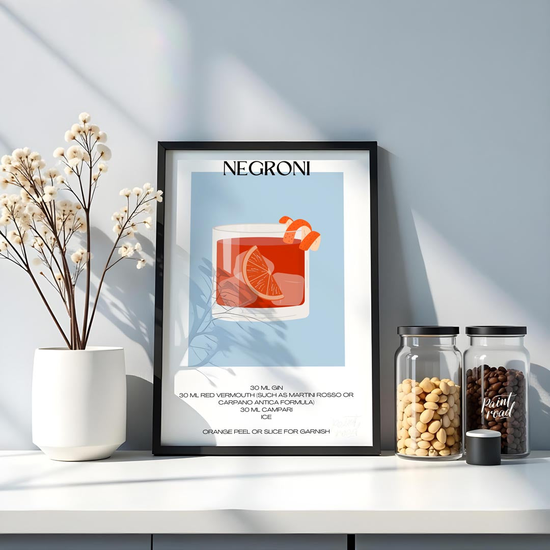 This striking minimalist poster presents a bold illustration of a Negroni cocktail. The drink is sh… for kitchen