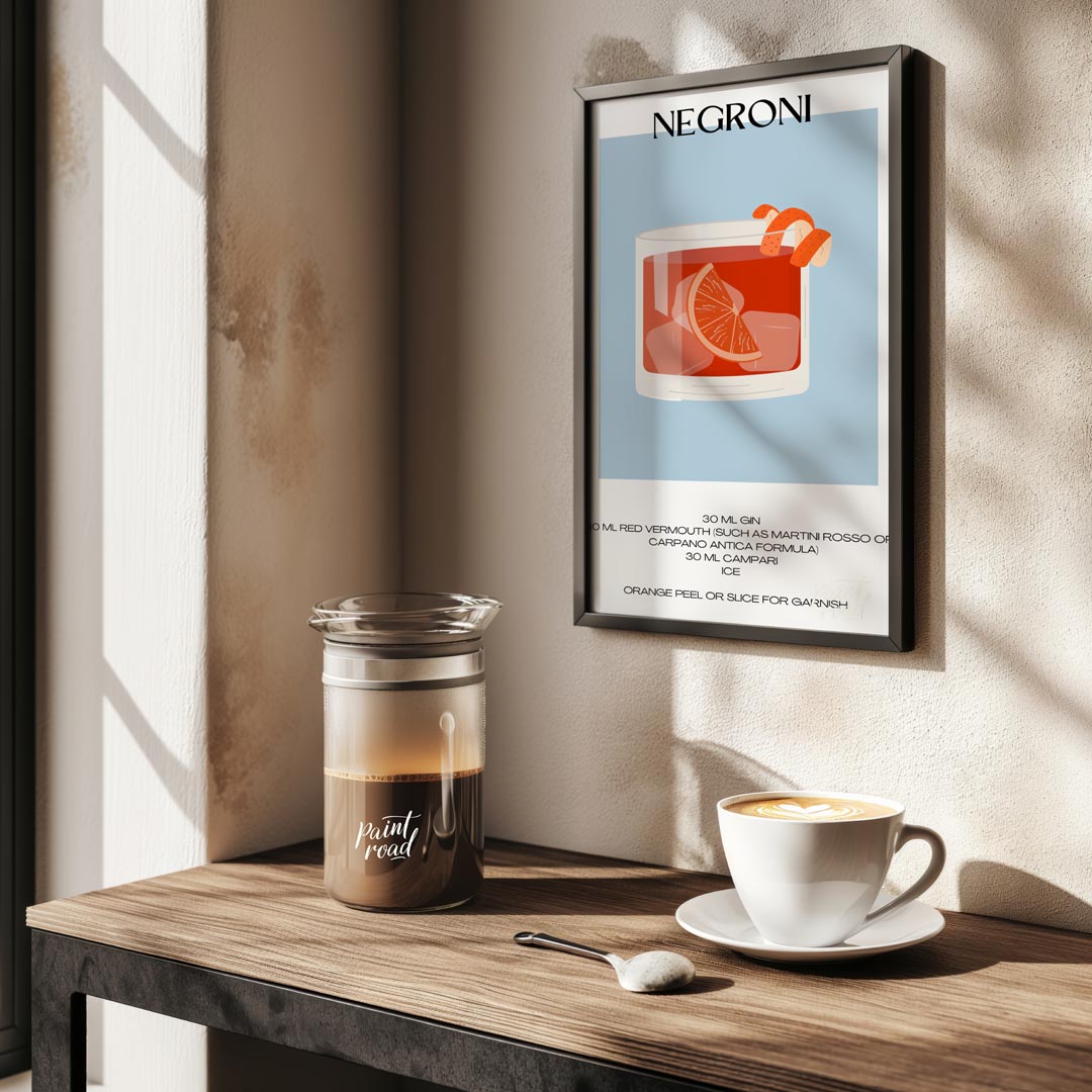 This striking minimalist poster presents a bold illustration of a Negroni cocktail. The drink is sh… for kitchen
