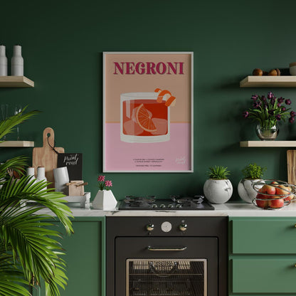 This eye-catching poster features a Negroni cocktail, presented with a vibrant, warm color palette … for kitchen