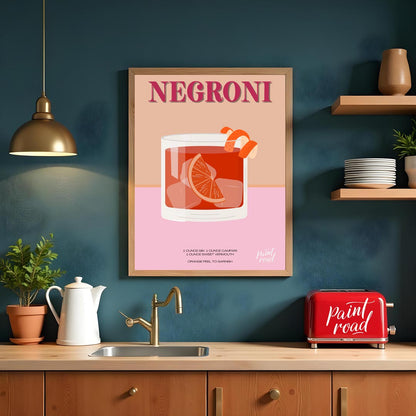 This eye-catching poster features a Negroni cocktail, presented with a vibrant, warm color palette … for kitchen