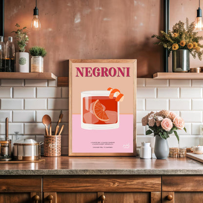 This eye-catching poster features a Negroni cocktail, presented with a vibrant, warm color palette … for kitchen