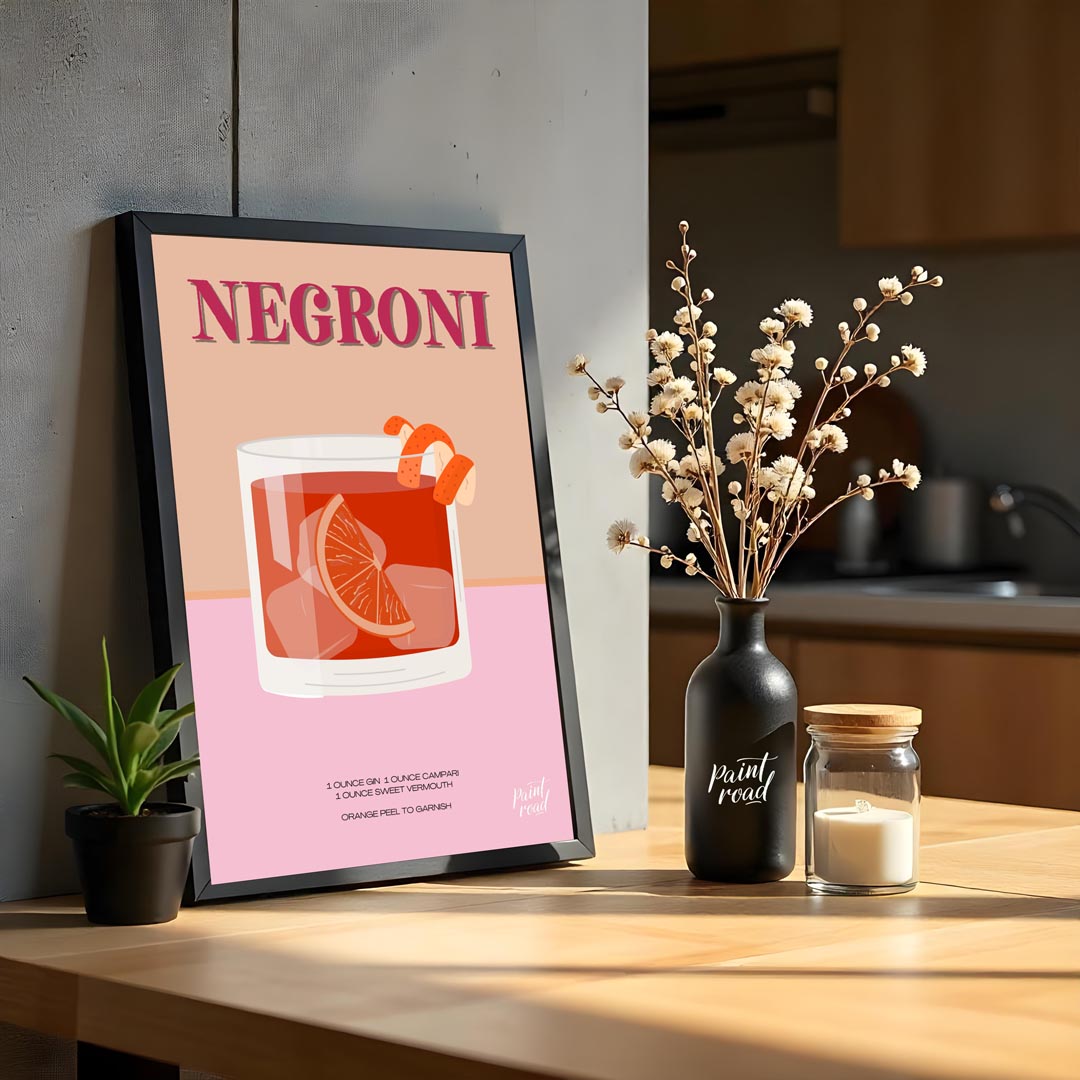 This eye-catching poster features a Negroni cocktail, presented with a vibrant, warm color palette … for kitchen