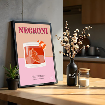 This eye-catching poster features a Negroni cocktail, presented with a vibrant, warm color palette … for kitchen