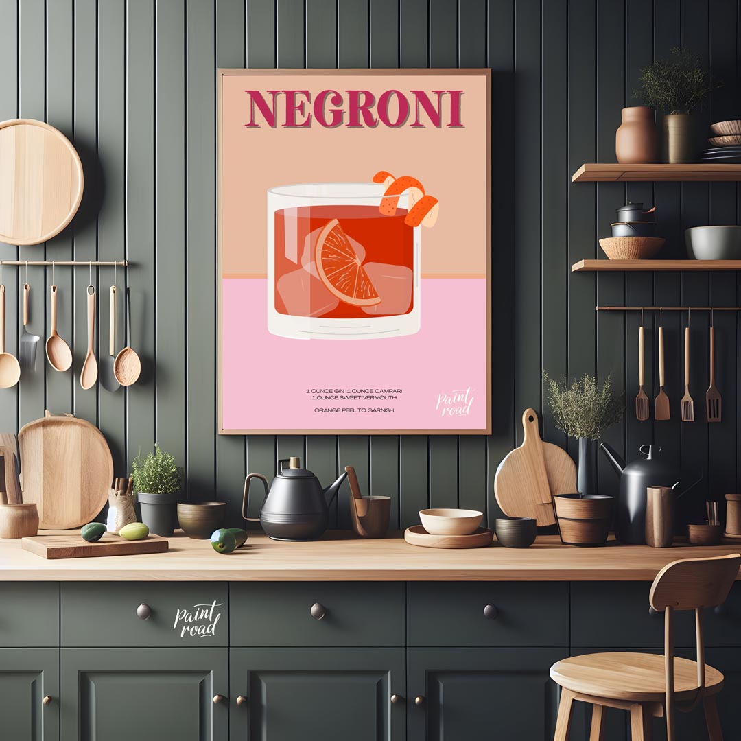 This eye-catching poster features a Negroni cocktail, presented with a vibrant, warm color palette … for kitchen
