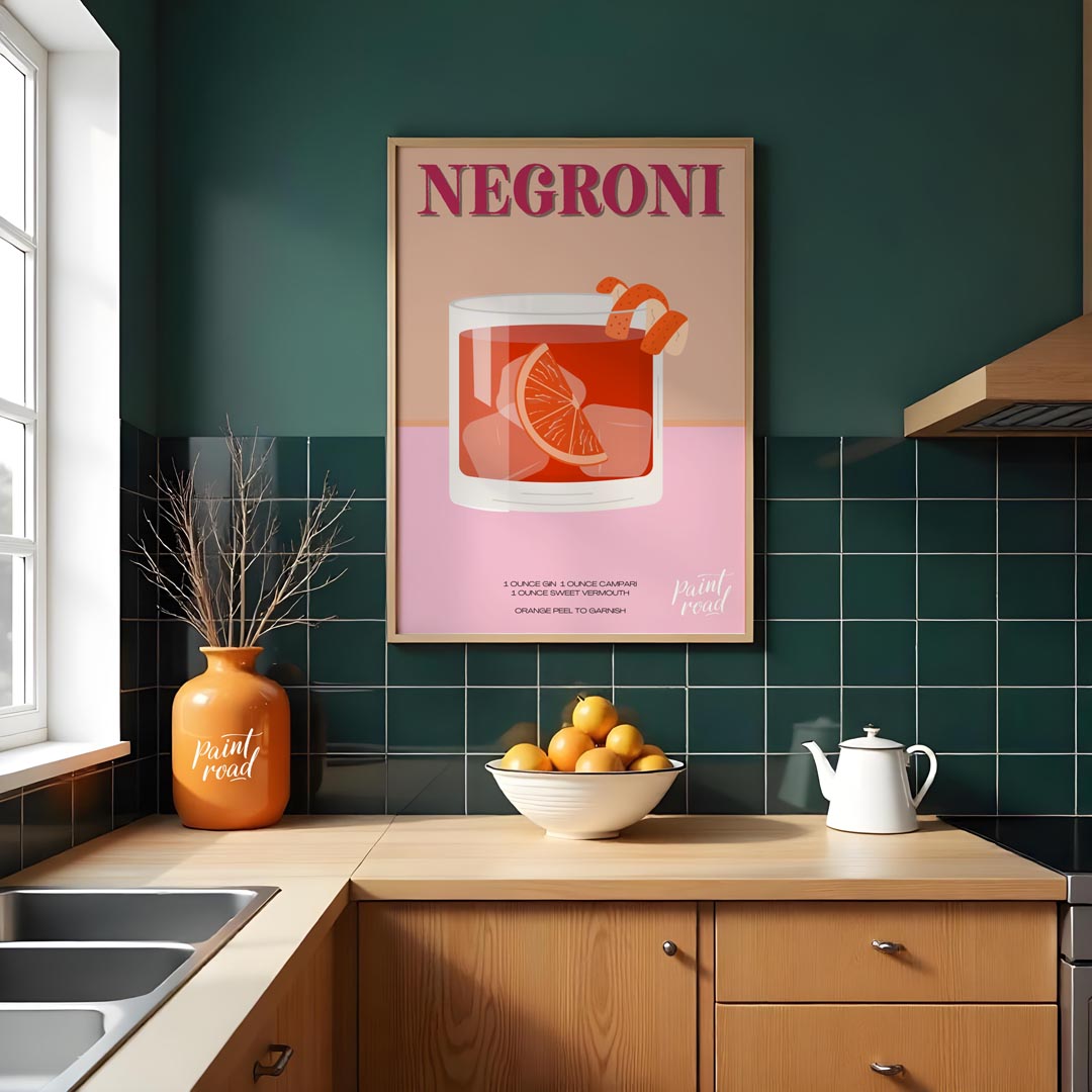 This eye-catching poster features a Negroni cocktail, presented with a vibrant, warm color palette … for kitchen