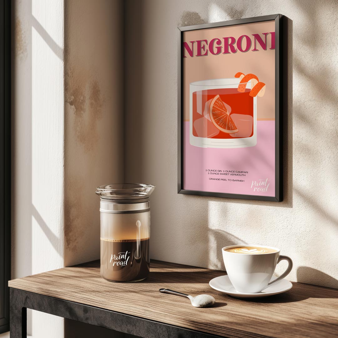 This eye-catching poster features a Negroni cocktail, presented with a vibrant, warm color palette … for kitchen