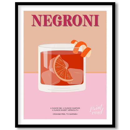 This eye-catching poster features a Negroni cocktail, presented with a vibrant, warm color palette … for place