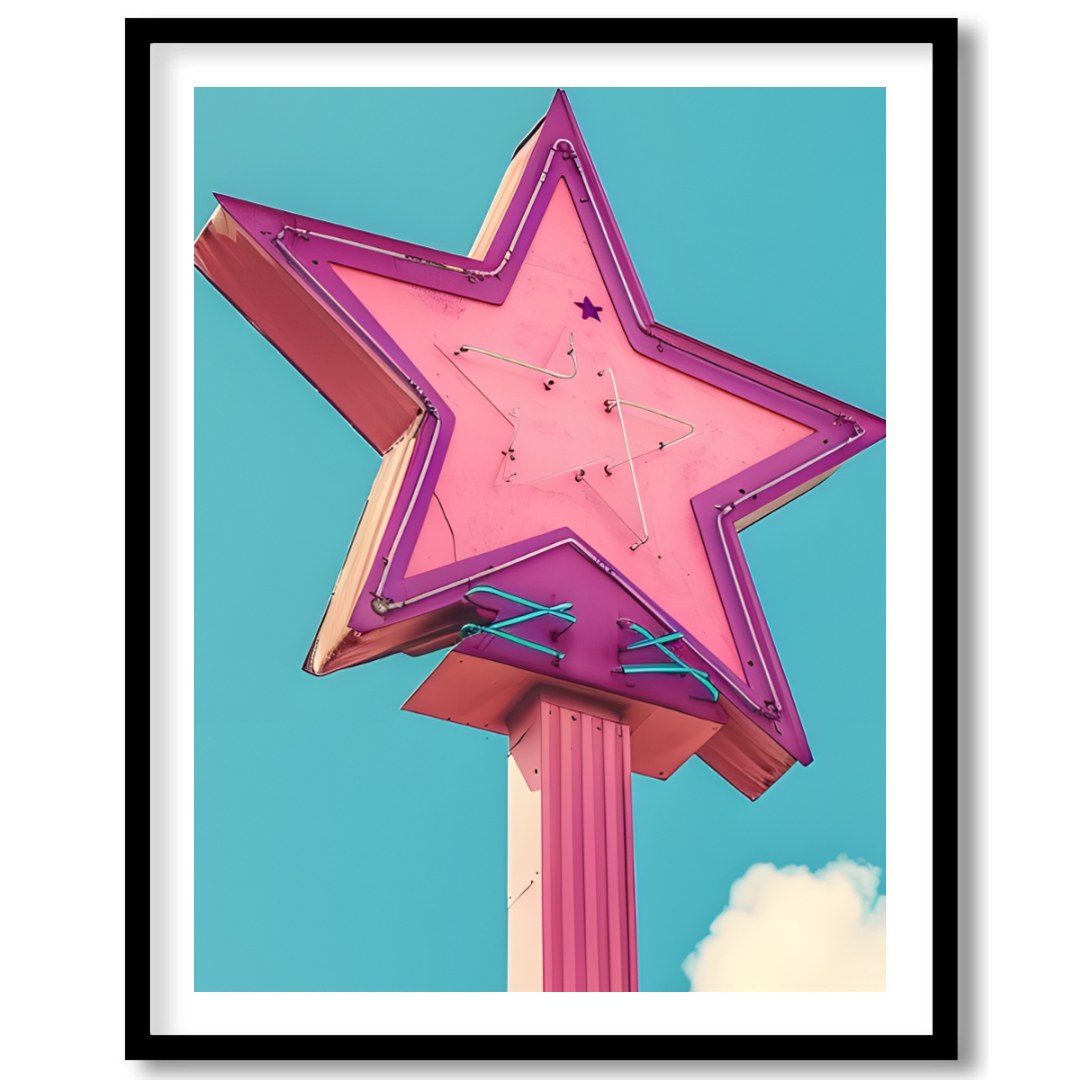 Illuminate your space with this vibrant artwork featuring a vintage neon star sign against a serene for abode