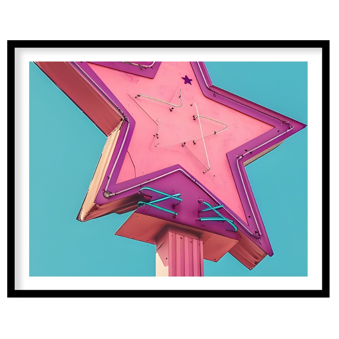 Illuminate your space with this vibrant artwork featuring a vintage neon star sign against a serene for abode