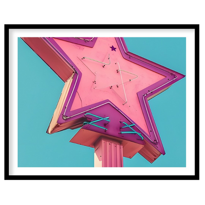 Illuminate your space with this vibrant artwork featuring a vintage neon star sign against a serene for abode