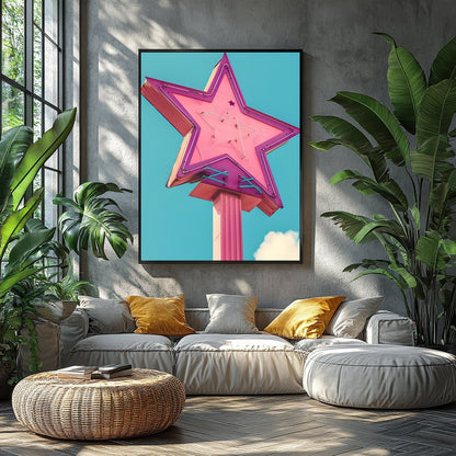 Illuminate your space with this vibrant artwork featuring a vintage neon star sign against a serene for Balcony