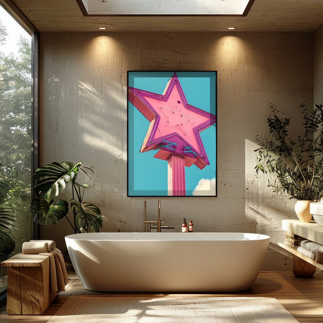 Illuminate your space with this vibrant artwork featuring a vintage neon star sign against a serene for Bathroom