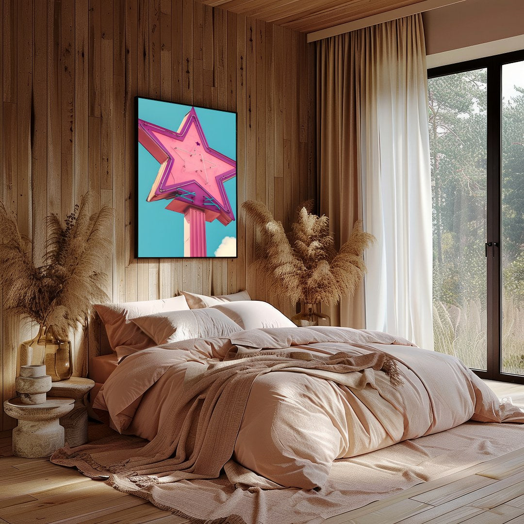 Illuminate your space with this vibrant artwork featuring a vintage neon star sign against a serene for Bedroom