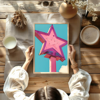 Illuminate your space with this vibrant artwork featuring a vintage neon star sign against a serene for decor