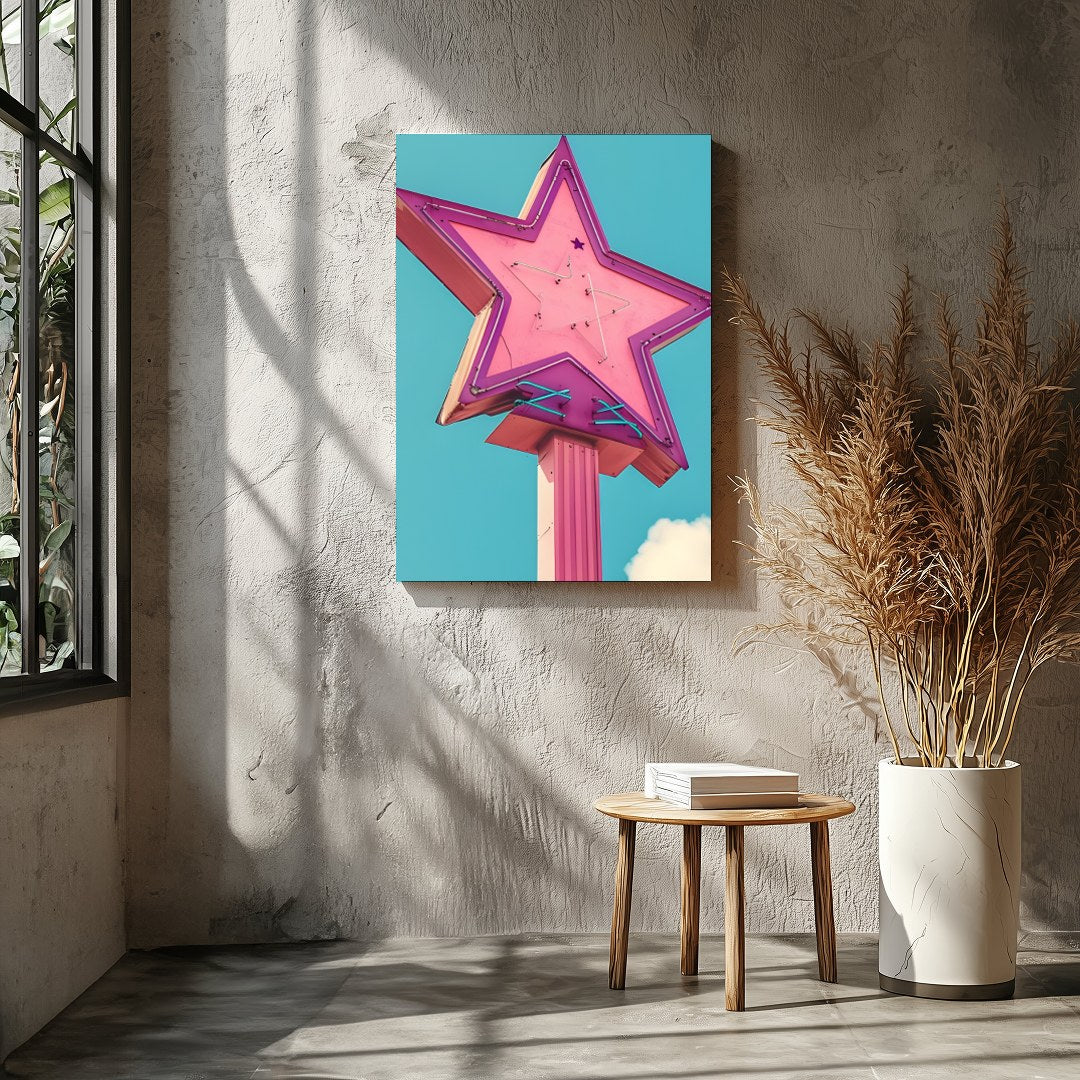 Illuminate your space with this vibrant artwork featuring a vintage neon star sign against a serene for Entrance