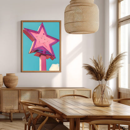 Illuminate your space with this vibrant artwork featuring a vintage neon star sign against a serene for Extra Kitchen