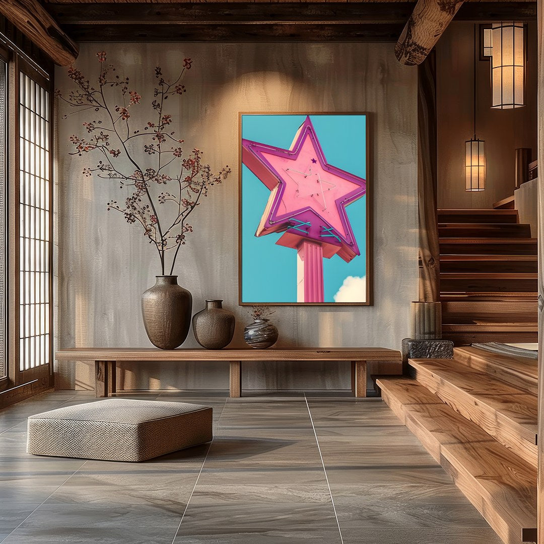 Illuminate your space with this vibrant artwork featuring a vintage neon star sign against a serene for Hall