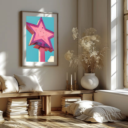 Illuminate your space with this vibrant artwork featuring a vintage neon star sign against a serene for interior