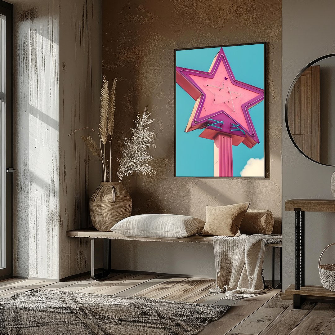 Illuminate your space with this vibrant artwork featuring a vintage neon star sign against a serene for kitchen