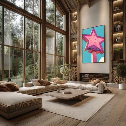 Illuminate your space with this vibrant artwork featuring a vintage neon star sign against a serene for Living Room