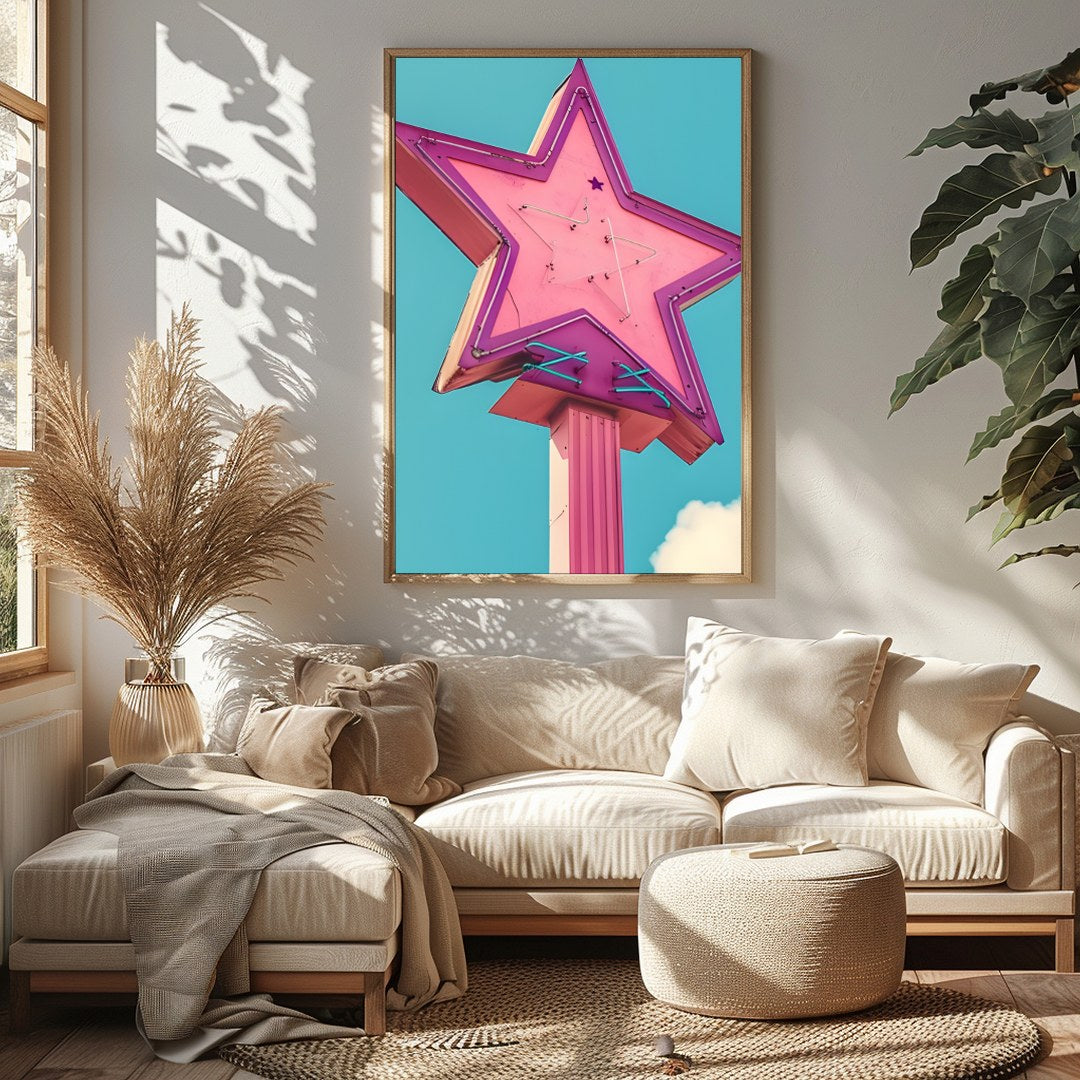 Illuminate your space with this vibrant artwork featuring a vintage neon star sign against a serene for Sitting Area
