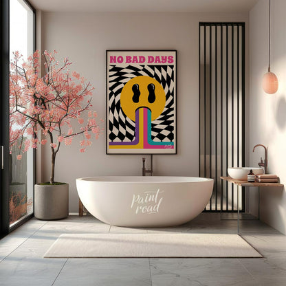 This vibrant and uplifting art print exudes retro psychedelic charm, boldly proclaiming “NO BAD DAY… for bathroom