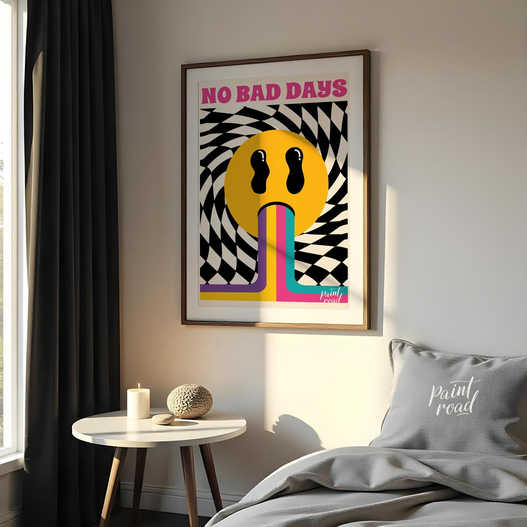 This vibrant and uplifting art print exudes retro psychedelic charm, boldly proclaiming “NO BAD DAY… for bedroom