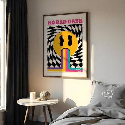 This vibrant and uplifting art print exudes retro psychedelic charm, boldly proclaiming “NO BAD DAY… for bedroom