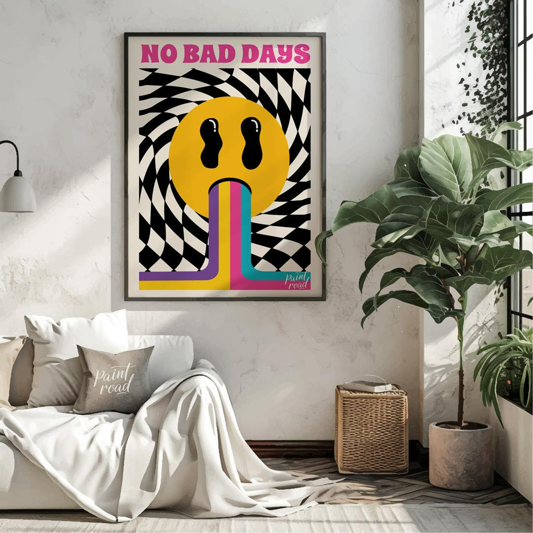 This vibrant and uplifting art print exudes retro psychedelic charm, boldly proclaiming “NO BAD DAY… for living room
