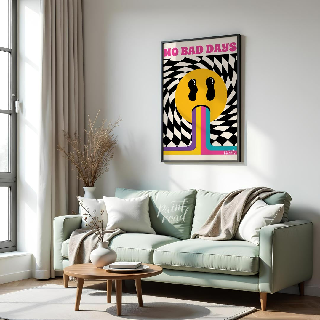 This vibrant and uplifting art print exudes retro psychedelic charm, boldly proclaiming “NO BAD DAY… for living room