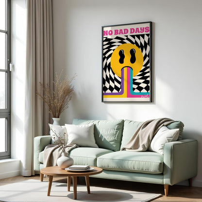 This vibrant and uplifting art print exudes retro psychedelic charm, boldly proclaiming “NO BAD DAY… for living room