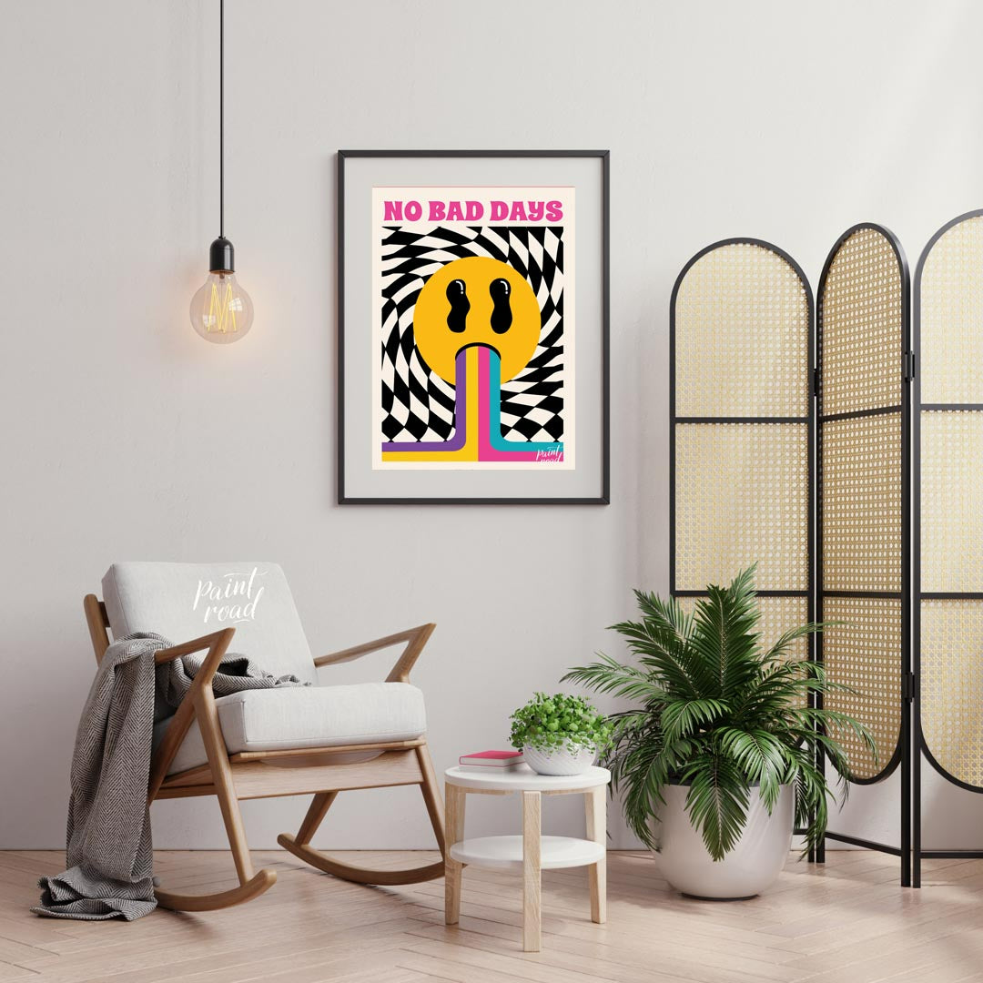 This vibrant and uplifting art print exudes retro psychedelic charm, boldly proclaiming “NO BAD DAY… for living room