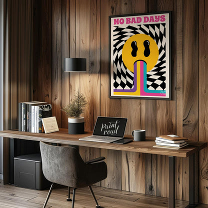This vibrant and uplifting art print exudes retro psychedelic charm, boldly proclaiming “NO BAD DAY… for office