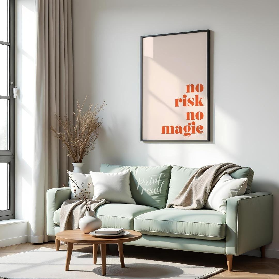 This bold and straightforward artwork features the empowering phrase “NO RISK NO MAGIC” in a striki… for dining room