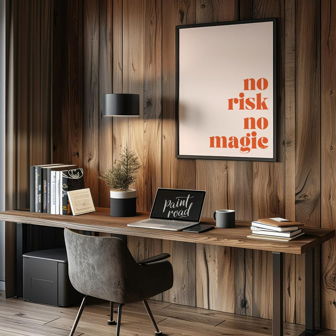 This bold and straightforward artwork features the empowering phrase “NO RISK NO MAGIC” in a striki… for living room