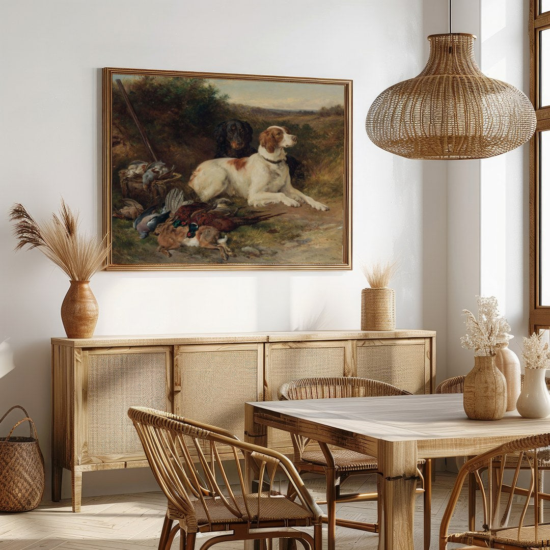 This exquisite painting captures the spirit of the hunt with a pair of noble dogs resting after a for Dining