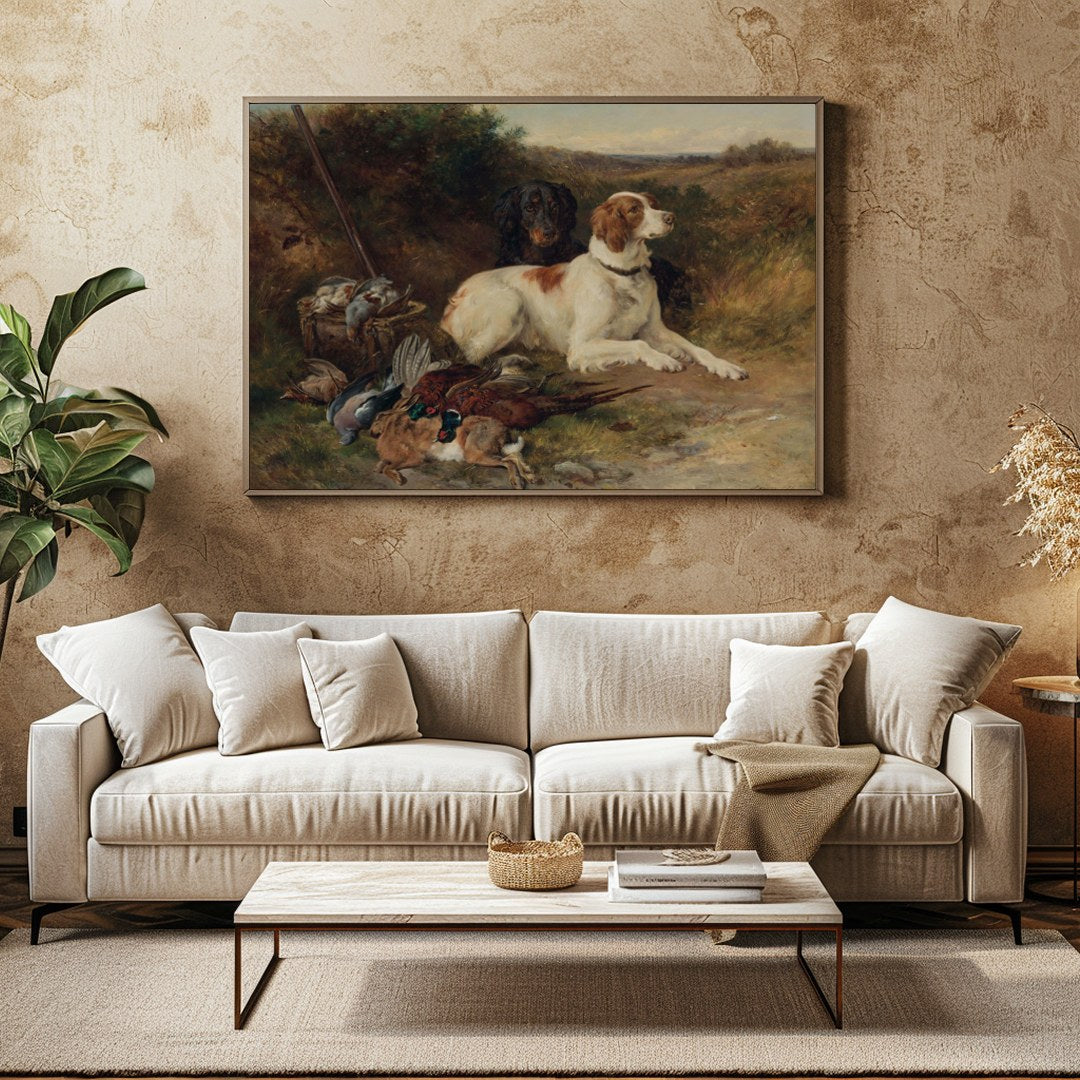 This exquisite painting captures the spirit of the hunt with a pair of noble dogs resting after a for Family Room