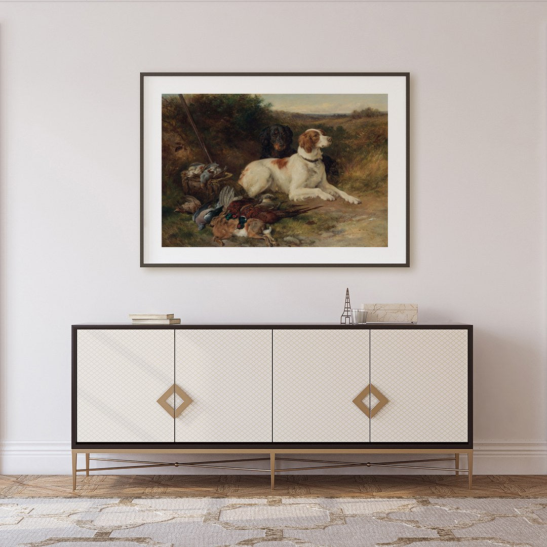 This exquisite painting captures the spirit of the hunt with a pair of noble dogs resting after a for Foyer