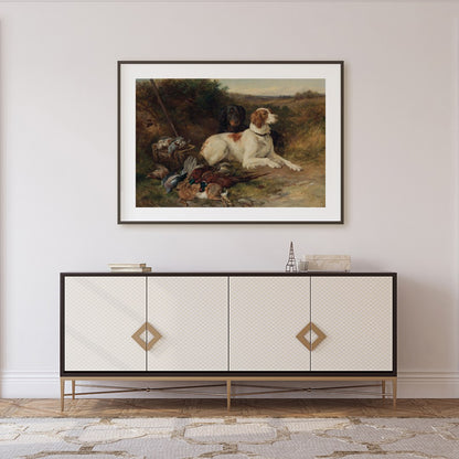 This exquisite painting captures the spirit of the hunt with a pair of noble dogs resting after a for Foyer