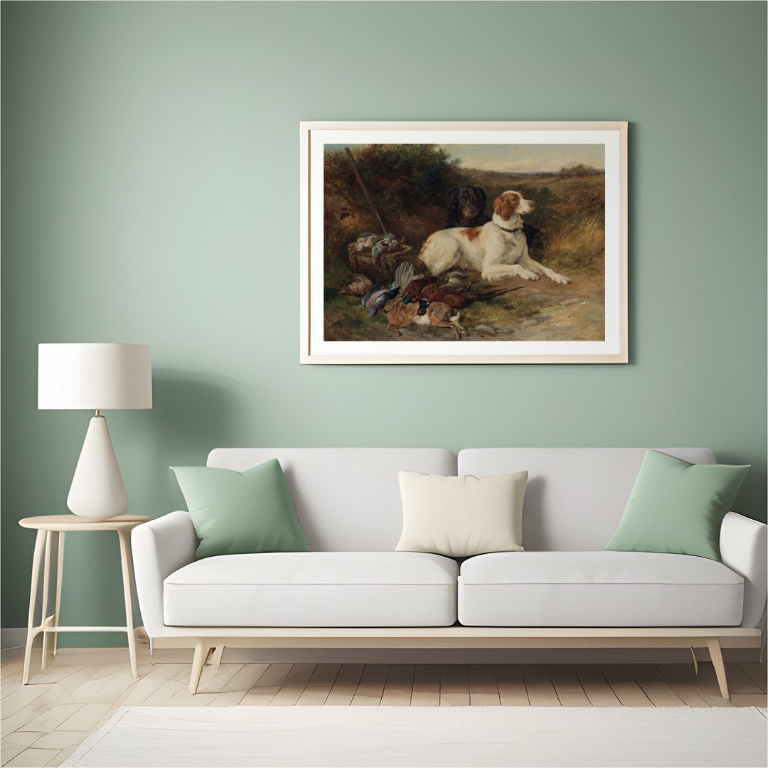 This exquisite painting captures the spirit of the hunt with a pair of noble dogs resting after a for Hall