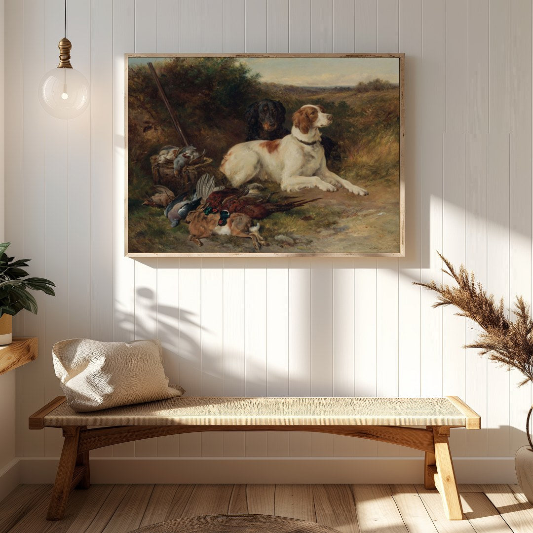 This exquisite painting captures the spirit of the hunt with a pair of noble dogs resting after a for Hallway