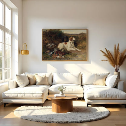 This exquisite painting captures the spirit of the hunt with a pair of noble dogs resting after a for Living Room