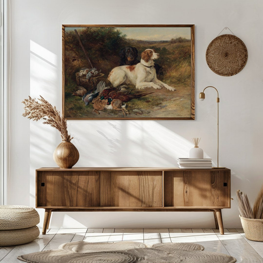 This exquisite painting captures the spirit of the hunt with a pair of noble dogs resting after a for Sitting Area