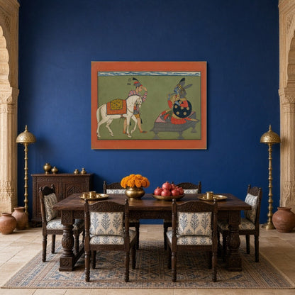 Immerse yourself in a vibrant Indo-Mughal scene where a nobleman encounters the divine figure of for Dining