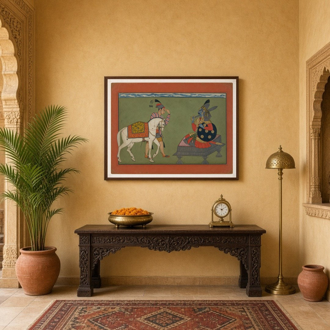 Immerse yourself in a vibrant Indo-Mughal scene where a nobleman encounters the divine figure of for Entrance