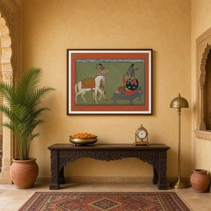 Immerse yourself in a vibrant Indo-Mughal scene where a nobleman encounters the divine figure of for Entrance