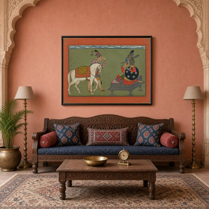 Immerse yourself in a vibrant Indo-Mughal scene where a nobleman encounters the divine figure of for Living Room