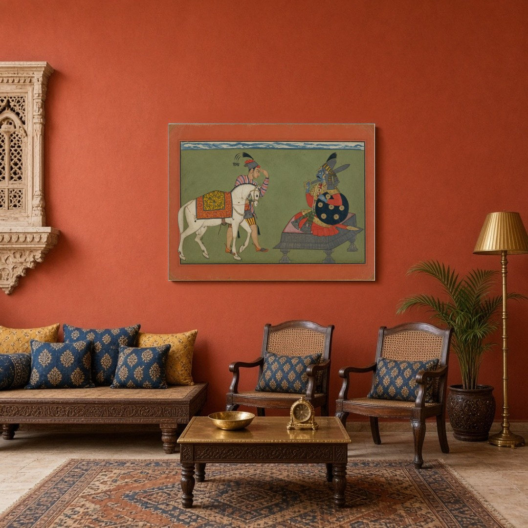 Immerse yourself in a vibrant Indo-Mughal scene where a nobleman encounters the divine figure of for Sitting Area