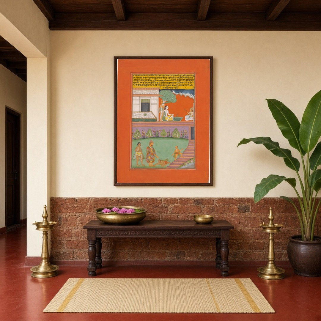Immerse yourself in the intricate world of Ragamala art with this captivating scene of a nobleman for Hallway